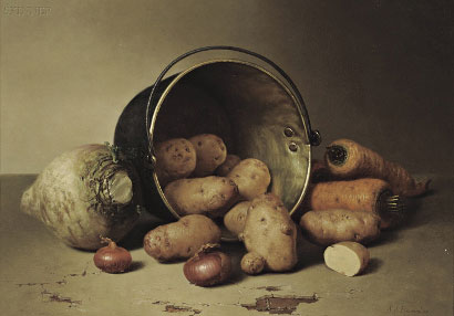 Vegetables in a worn brass pot.